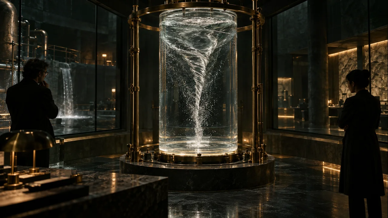 Two independent observers studying a physically detailed water vortex inside a glass research vessel in a dark modern laboratory