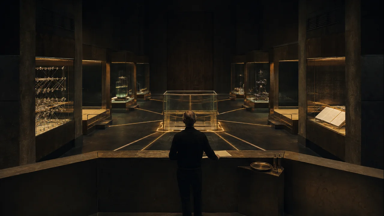 A human research director overseeing several illuminated experiment chambers that converge on a central review gate in a dark modern laboratory