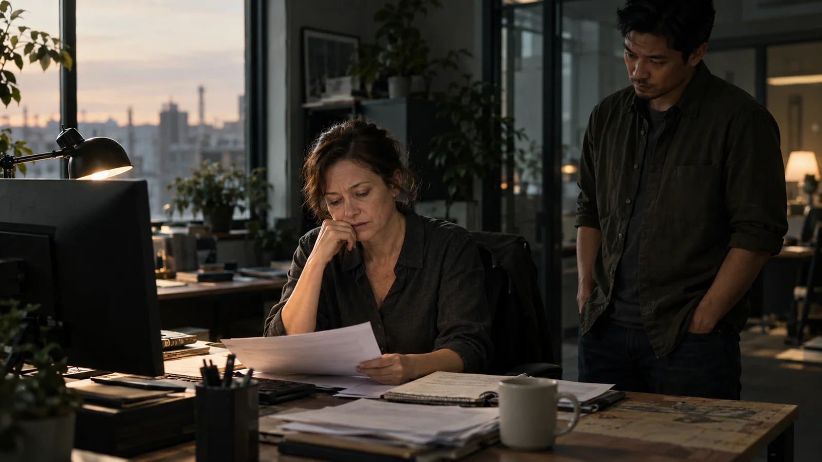An engineer reviewing work at a desk while a colleague waits nearby